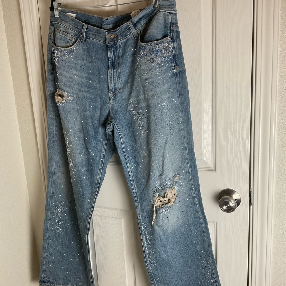 ZARA TRF ripped wide leg rhinestone Jeans Light Wash Distressed - Size US 14 - Picture 2 of 12